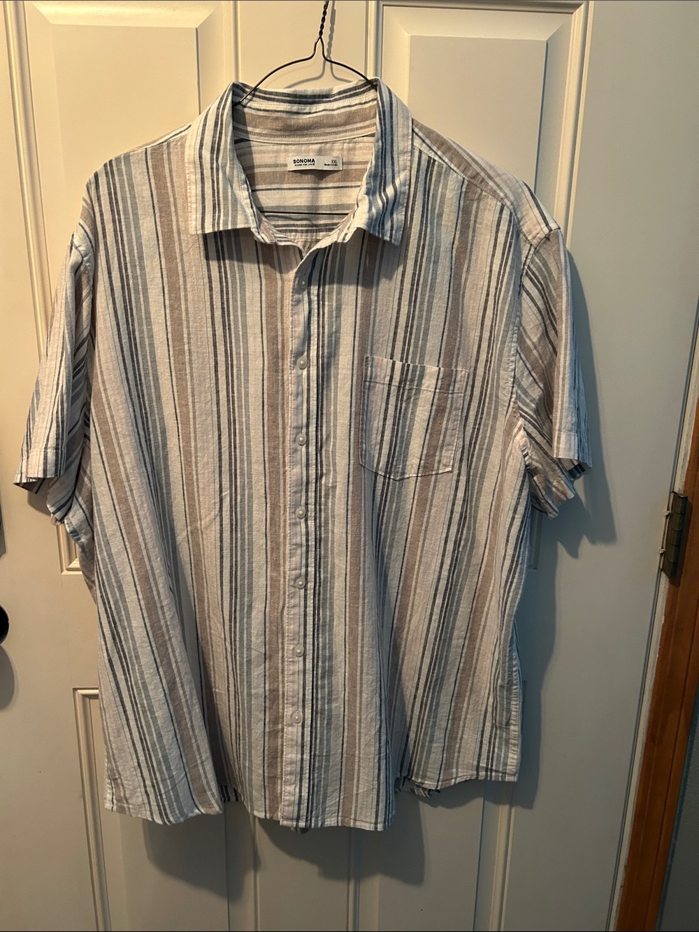 Sonoma Short-Sleeve Stripe Button-Down Shirt - White, Tan & Blue